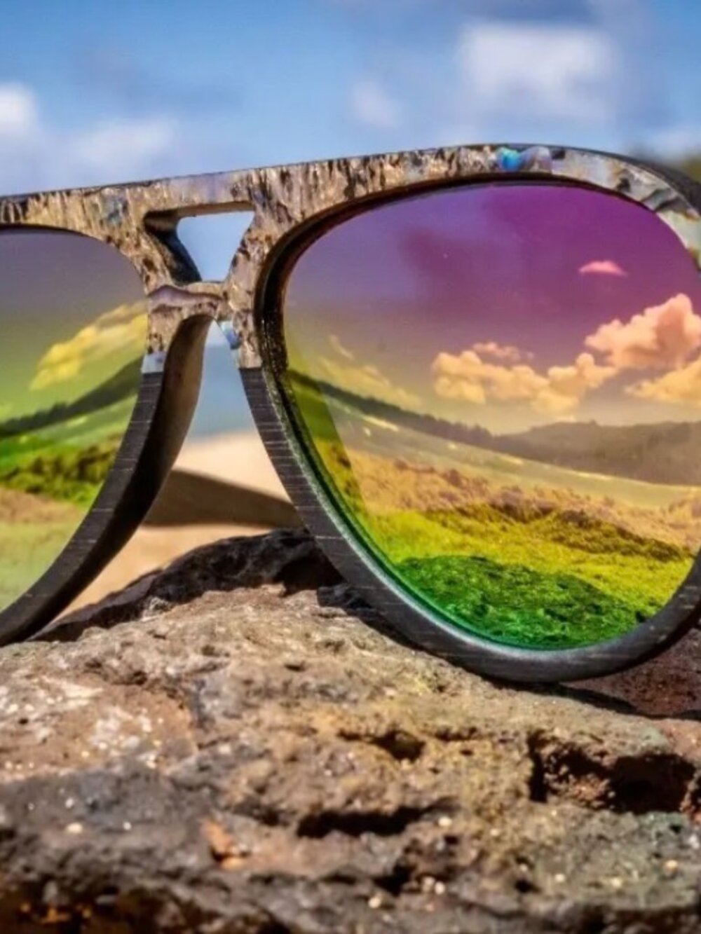 Bamboo and Abalone rainbow mirrored lens sunglasses